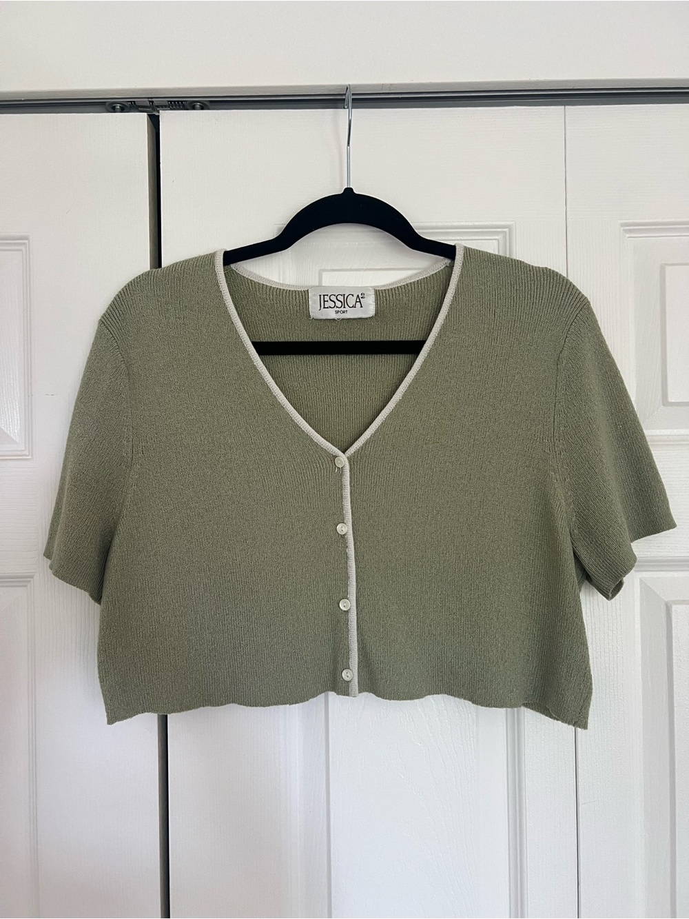 JESSICA Olive Cropped Button-Front Knit Top with Cream Trim